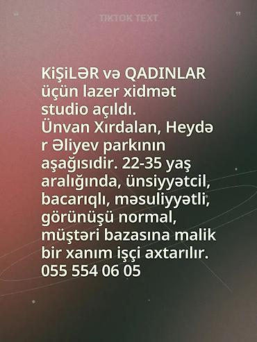 tap.az is elanlari daye 2022: LAZEROLOQ XANIM IŞÇI AXTARILIR Kişilər və qadınlar üçün lazer xidmət — 1