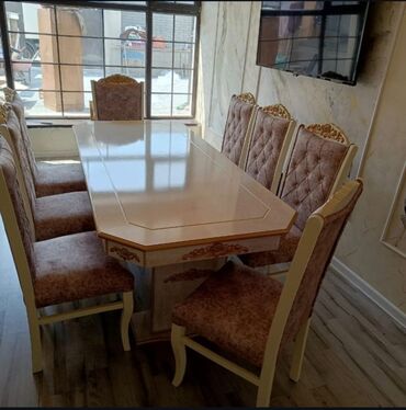 Masa və oturacaq dəstləri: Qonaq otağı üçün, Yeni, Açılan, Dördbucaq masa, 6 stul — 8