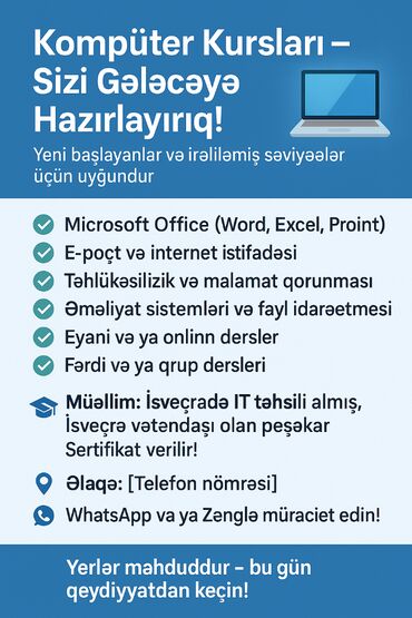 komputer kursları: Kompüter kursu, Kompüter təmiri, Microsoft Office, Microsoft Windows, Onlayn