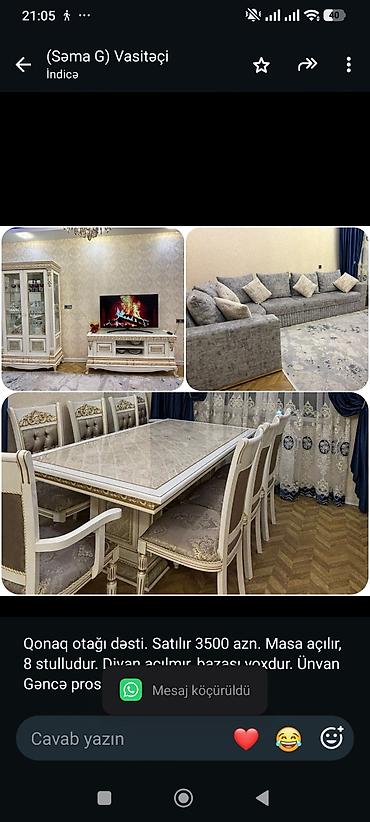 Qonaq otağı dəsti. Satılır 3500 azn. Masa açılır, 8 stulludur. Divan