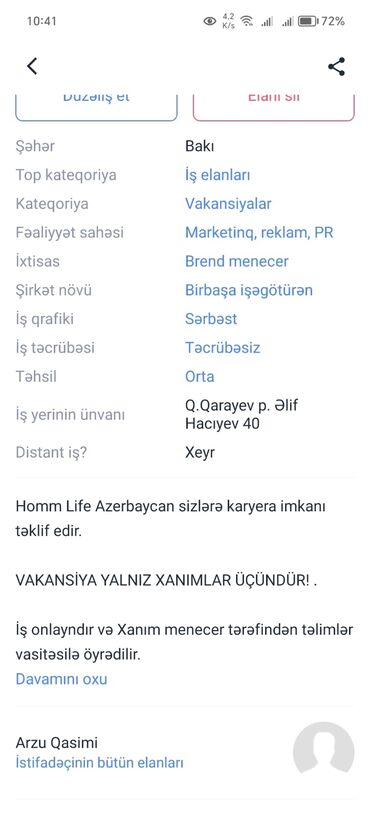 satıcı isi: Менеджер по продажам требуется, Только для женщин, Любой возраст, Без опыта, Ежемесячная оплата