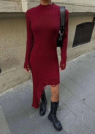 Haljine: Asimetrična rebrasta pletena haljina - Model: uska silueta, dugi — 6