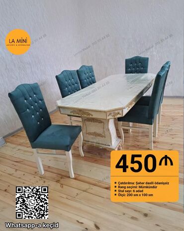 кухонные стулья: Qonaq otağı üçün, Açılmayan, Dördbucaq masa, 6 stul