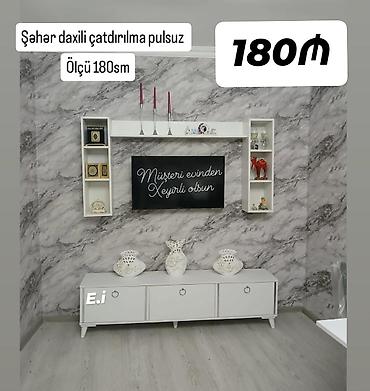 TV altlığı: TV stendi və divar rəfi dəsti - Ümumi ölçü: 180 sm - Rəng: ağ - — 1