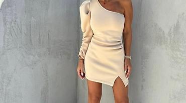 roza torba: Elegantna bež haljina – brend Tondy, veličina S - Kroj: mini dužina — 5