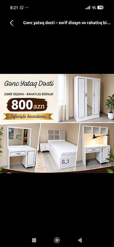 Gənc yataq dəsti – zərif dizayn və rahatlıq Dəst tərkibi: - 3 qapılı