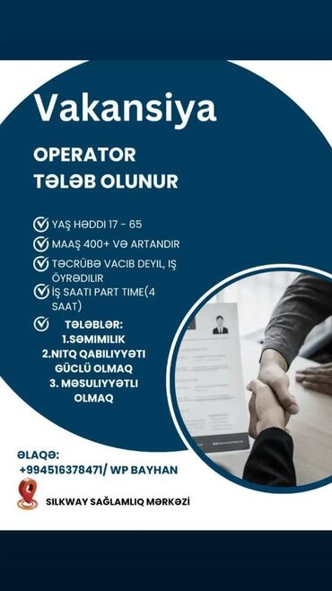 Çağrı mərkəzi operatorları: Çağrı mərkəzi operatoru tələb olunur, İstənilən yaş, Aylıq ödəniş