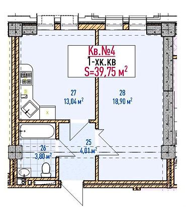 Планировка 1‑комнатной квартиры, общая площадь 39,75 м² (Кв. №4). -