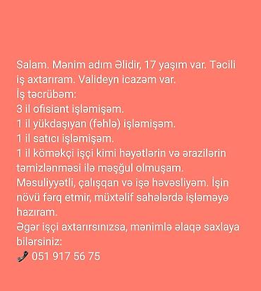 Köməkçi, Kişi, 17 yaş, 1 ildən az təcrübə, Tam iş günü