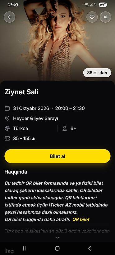 Ziynet Sali konsertinə 2 bilet – B sektor, 1-ci sıra – endirimli 31 lalafo.az -da Ziynet Sali konsertinə 2 bilet – B sektor, 1-ci sıra – endirimli 31