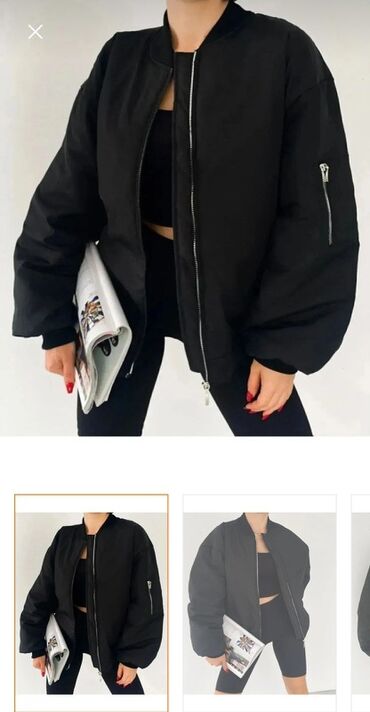 yun jaketlər: Qara oversize bomber gödəkçə - Stil: minimalist, şəhər tərzi;