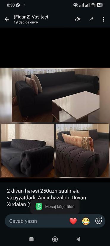 2 divan hərəsi 250azn satılır əla vəziyyətdədi. Açılır bazalıdı. Ünvan