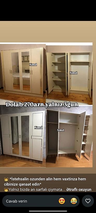 Yeni, 4 qapılı, Güzgülü, Bej, Açılan, Düz dolab
