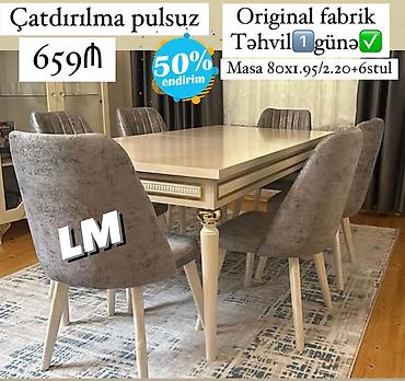 taxta stollar: Yemək otağı dəsti – masa + 6 stul • Masa ölçüsü: 80 x 195/220 sm — 1