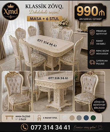 otaq qaplar: Masa + 6 stul dəsti – klassik zövq və dəbdəbəli seçim - Komplekt: 1 — 1