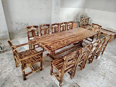 stol dəstləri: Rustik taxta yemək dəsti - Material: tam ağac (kəsilmiş taxta — 9