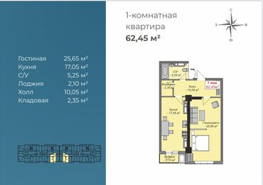 Продажа квартир: 1 комната, 63 м², Элитка, 13 этаж, ПСО (под самоотделку)