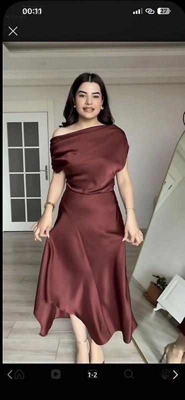 mango canta: Mango brendinin asimmetrik evaze donu – burgonya rəngi. Bu geyim — 2