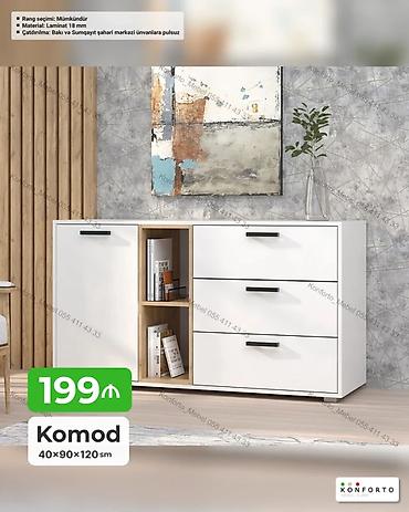 Komodlar: Komod – 40×90×120 sm - Dizayn: Ağ korpus, qara tutacaqlar; ortada — 1