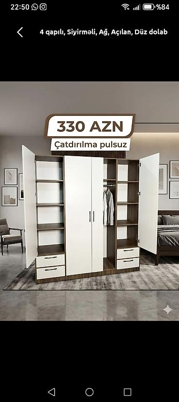 qoşa taxt: Yeni, 4 qapılı, Siyirməli, Ağ, Açılan, Düz dolab — 1