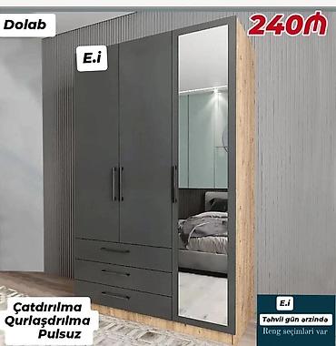 taxta dolab: 3 qapılı dolab. Modelin bir qapısı tam boy güzgülüdür, aşağı hissədə — 1