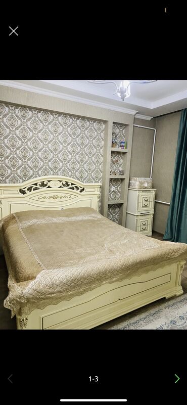 мебель для спальных: Спальный гарнитур, Двуспальная кровать, Шкаф, Комод, цвет - Бежевый, Б/у