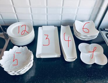 пластмассовая посуда: Набор столовой посуды из белой керамики/фарфора, разноплановые тарелки