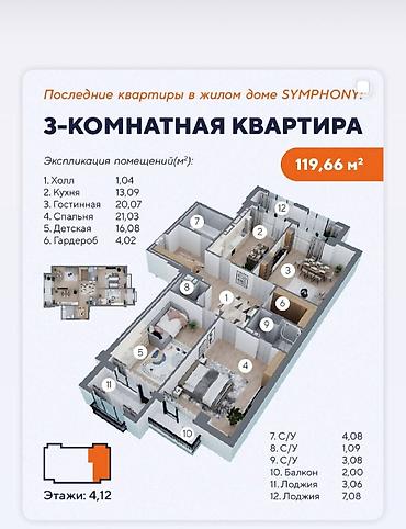 марс: 3 комнаты, 119 м², БГУ Элитка, 4 этаж, ПСО (под самоотделку) — 2
