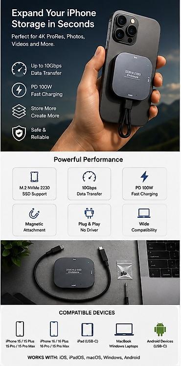 apple mac: IPhone üçün Maqnitli SSD Korpusu Premium USB-C M.2 NVMe 2230 Xarici — 3