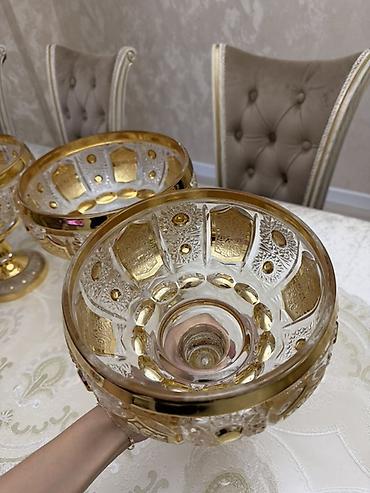 стекляные: Набор из 4 стекляных ваз на ножке с золотым декором большие тяжелые — 5