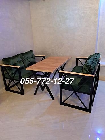 Bağ, çöl mebeli: Metall karkaslı bağ-kafe dəsti - Tərkib: 1 stol + 2 ikiyerli kreslo — 1