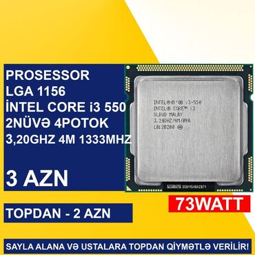 Мониторы: Процессор Intel Core i3 Prosessor “LGA 1156 (1ci nəsil) İntel Core i3 550”, 4 ядер, Б/у