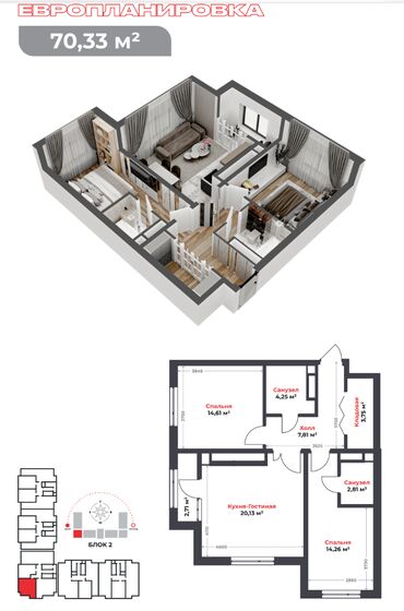 квартира на месец: 3 комнаты, 70 м², Элитка, 5 этаж, ПСО (под самоотделку)
