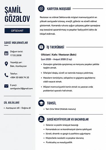 afsıant: Ofisiant xidməti – restoran/kafe üçün peşəkar dəstək Təsvir: - — 1