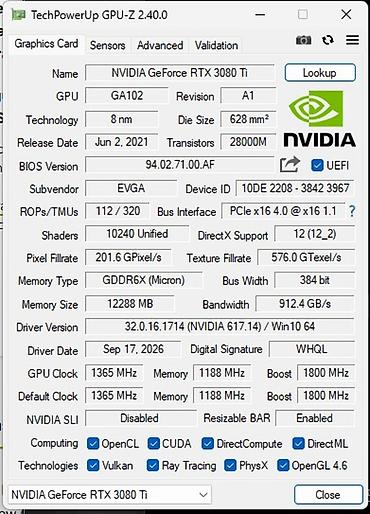 ПК жана ноутбуктар үчүн комплектөөчүлөр: Видеокарта EVGA GeForce RTX 3080ti FTW3 Ultra Gaming 12 GB (серия с — 6