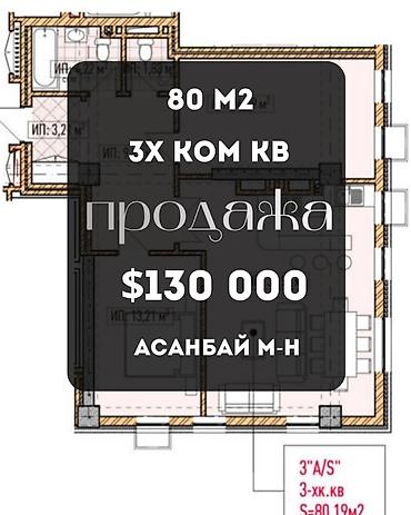 2 8: 3 комнаты, 80 м², Асанбай мкр Элитка, 3 этаж, ПСО (под самоотделку) — 1