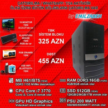 masaüstü kompüter qiymətləri: Sistem Bloku "Qori DDR3 1155 H61/Core i7 3770/16GB Ram/512GB SSD" Ofis