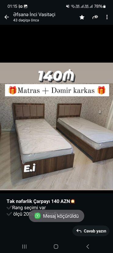 bez materiallı döşəklər: *Tək nəfərlik Çarpayı 140 AZN💥* ✔️Rəng seçimi var ✔️ ölçü 200x90