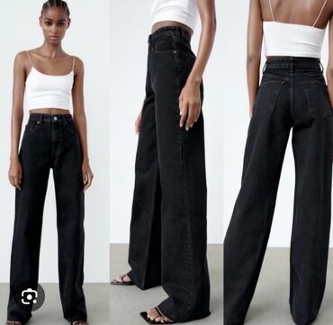 yun jaketlər: Qadın geniş kəsimli denim şalvarlar - Model: Wide-leg, yüksək belli -