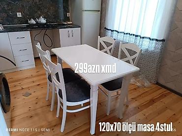 loft masa: Ağ rəngli yemək otağı dəsti — 1 masa + 4 stul. - Masa ölçüsü: 120 x 70 — 1