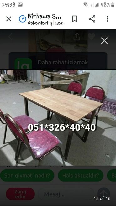 Masa və oturacaq dəstləri: Stol stul tek ve Komplekt Wekilde 4 neferlik Parca ile 120 azn 4 — 12