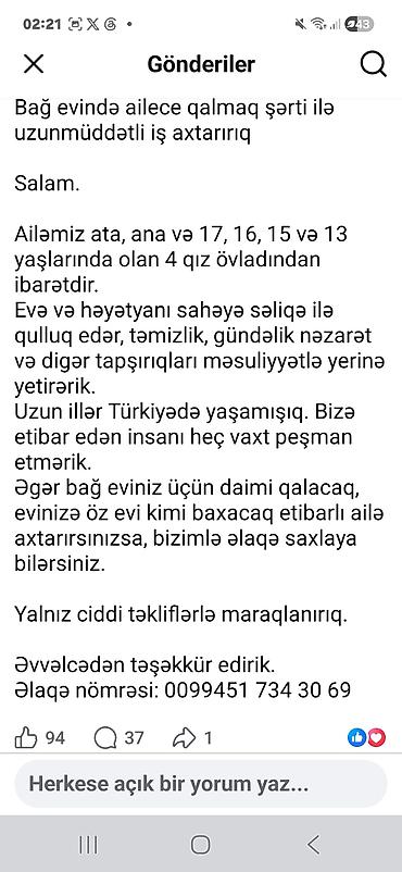 uşaq baxıcısı axtarıram: Bağ evi üçün ailəvi baxıcı xidməti Ailə tərkibi: ata, ana və 17, 16 — 1