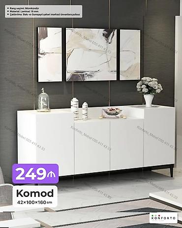 Ev və bağ: Komod – ağ rəngdə, minimalist dizayn. Ölçü: 42 × 100 × 160 sm — 1