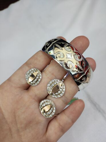 серебряные серьги и кольцо: Серебряный Комплект+ Билерик Серебро+ золото 925/ пробы Цена за Набор