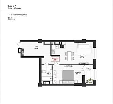 квартиры бишкек продажа: 1 комната, 58 м², Ала-Арча ТРЦ 8 этаж — 3