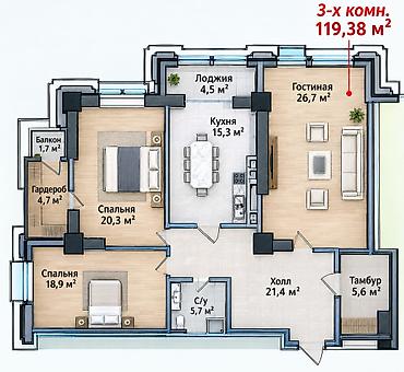 Продажа квартир: 3 комнаты, 119 м², Асанбай мкр Элитка, 5 этаж, ПСО (под самоотделку) — 2
