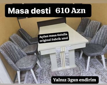 Masa və oturacaq dəstləri: Qonaq otağı üçün, Yeni, Açılmayan, Dördbucaq masa, 6 stul