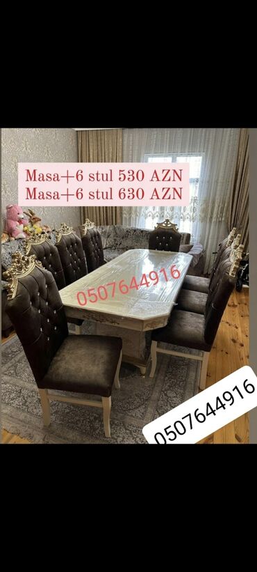 Masa və oturacaq dəstləri: Qonaq otağı üçün, Yeni, Açılmayan, Dördbucaq masa, 6 stul — 6