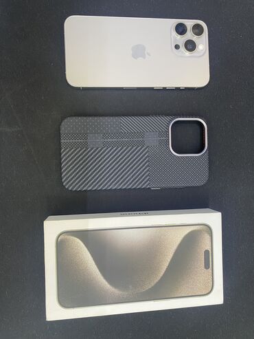 телефон сатылат бу: IPhone 15 Pro Max, Колдонулган, 256 ГБ, Natural Titanium, Кабель, Куту, 91 %