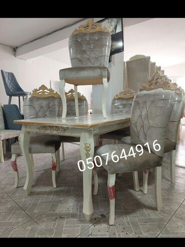 Masa və oturacaq dəstləri: Qonaq otağı üçün, Yeni, Açılmayan, Dördbucaq masa, 6 stul — 9